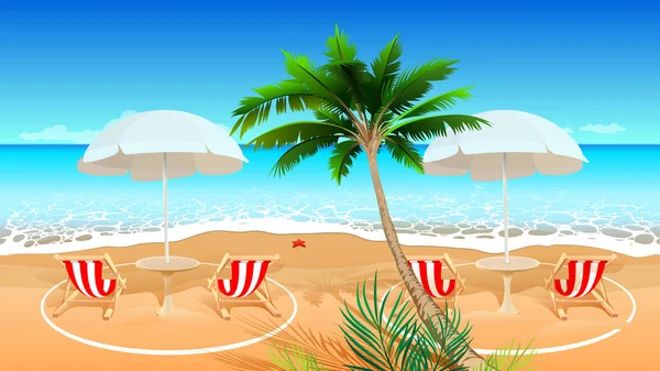 Vacaciones en la playa después del coronavirus covid 19 epidemia. Chaise longue distancia social. Dibujos animados vectoriales ilustración — Vector de stock