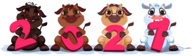 Çin takvimine göre 2021 yıllık boğa. Beyaz komik inek karakteri
