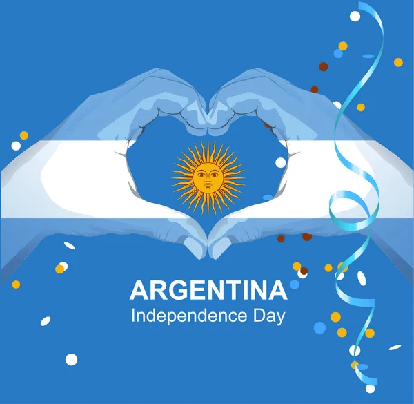 Tarjeta de felicitación del Día de la Independencia de Argentina. Manos palma argentina bandera y sol mostrar corazón amor símbolo — Vector de stock