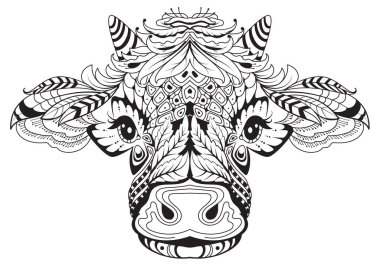 2021 kabile dövmesinin inek başlı kadın sembolü. Soyut desenden siyah beyaz çizim