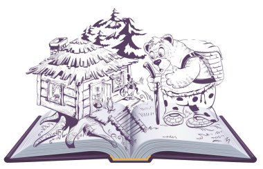 Teremok Rus peri masalı açık kitap illüstrasyonu. Ayı ve ev hayvanlarla dolu.