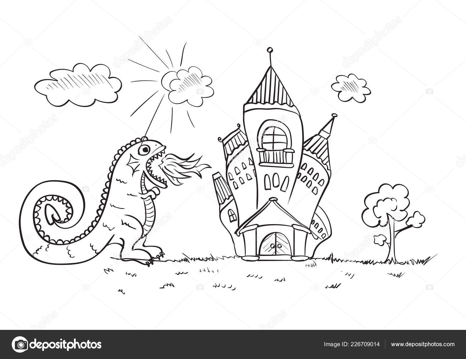 Rysunek Dla Dzieci Ogniem Smok Atakuje Zamku Wektor Szkice