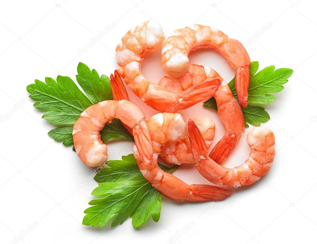 heap of prawns isolated on white background, top view