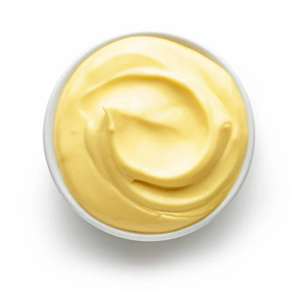 Schüssel Mayonnaise Isoliert Auf Weißem Hintergrund Draufsicht — Stockfoto