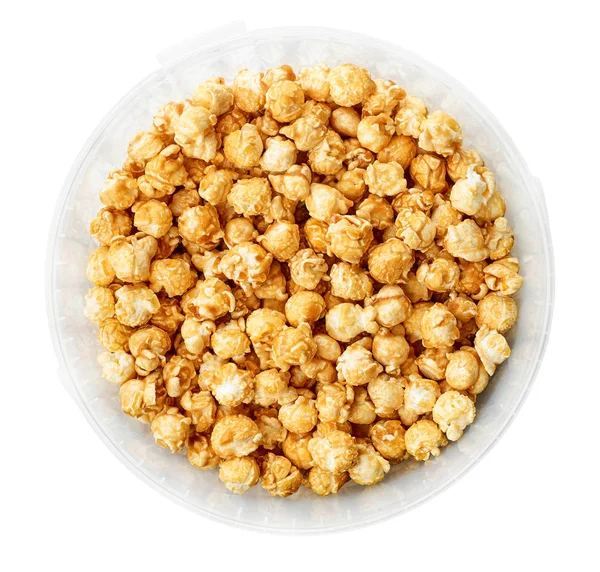 Popcorn Karmelowy Plastikowym Pojemniku Białym Tle Białym Tle Widok Góry — Zdjęcie stockowe