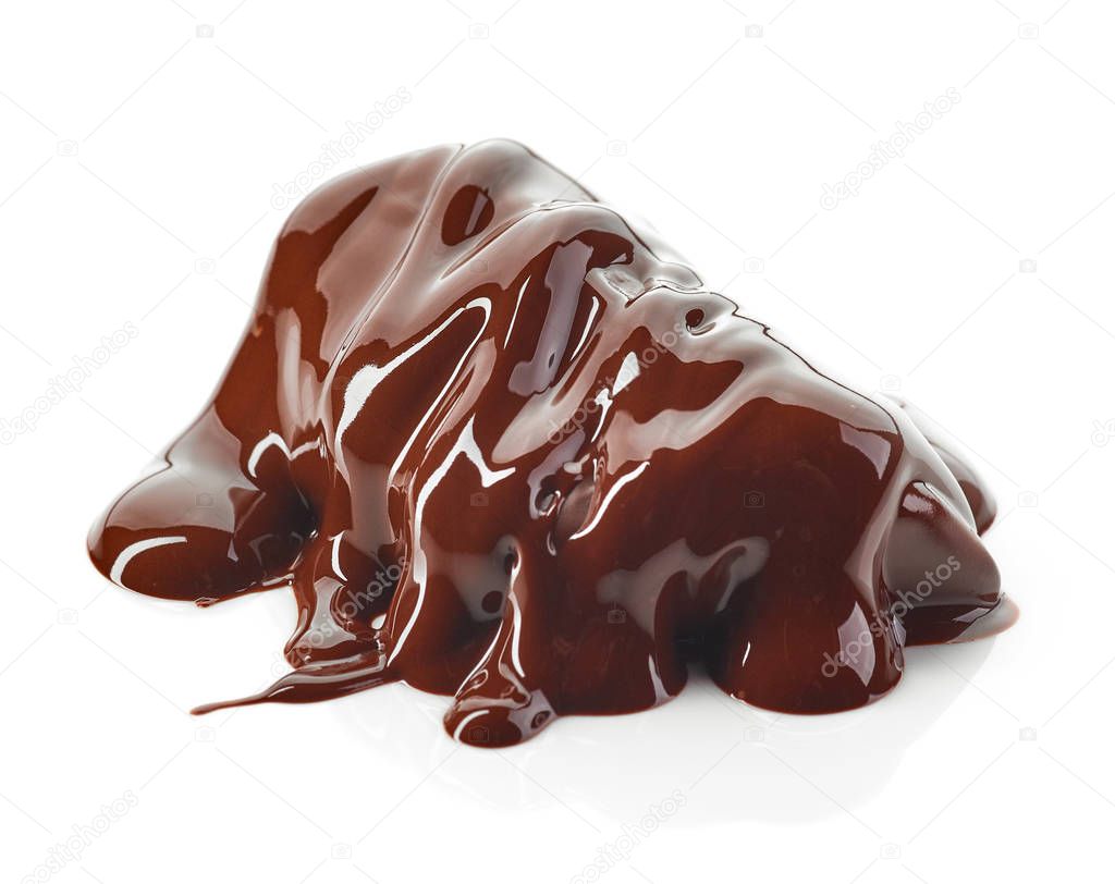 Piece of chocolate covered with melted chocolate isolated on white background