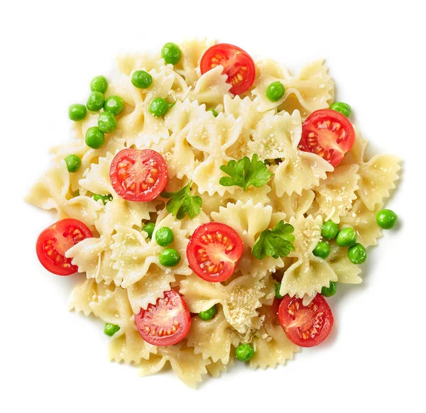 Macarrão Farfalle Com Queijo Legumes Isolados Fundo Branco Vista Superior — Fotografia de Stock