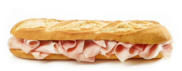 Sandwich Baguette Con Jamón Aislado Sobre Fondo Blanco — Foto de Stock