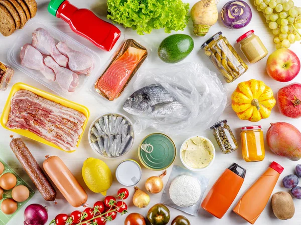 Various Food Ingredients White Wooden Table Top View — Stock Photo, Image