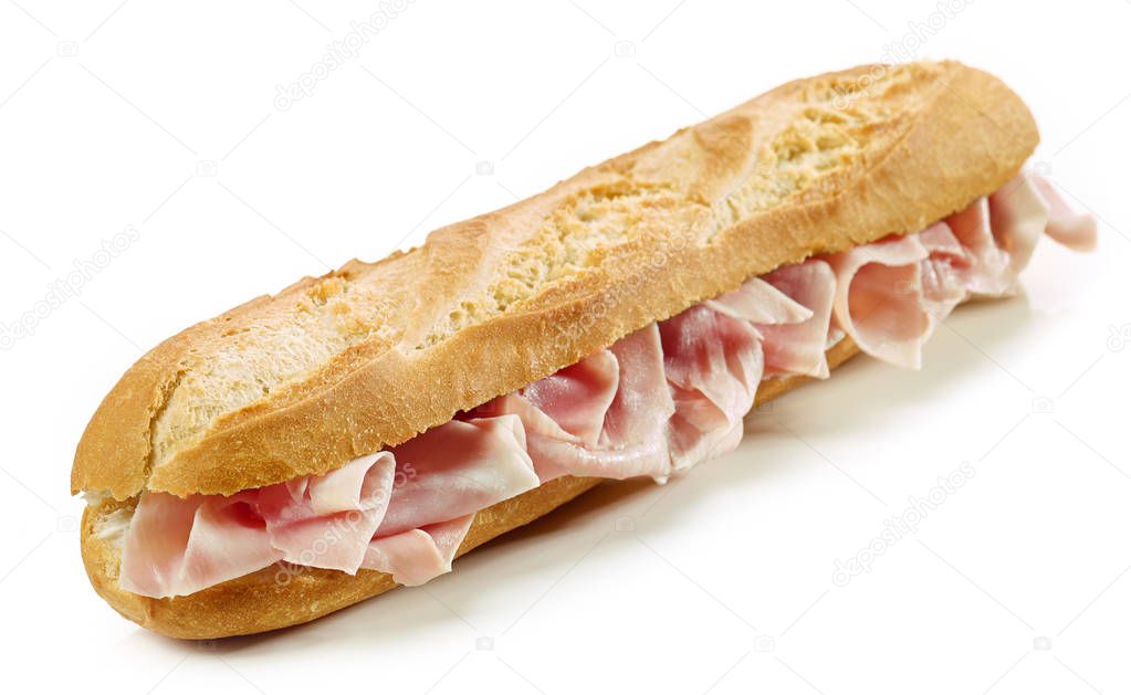 Baguette sandwich with ham isolated on white background