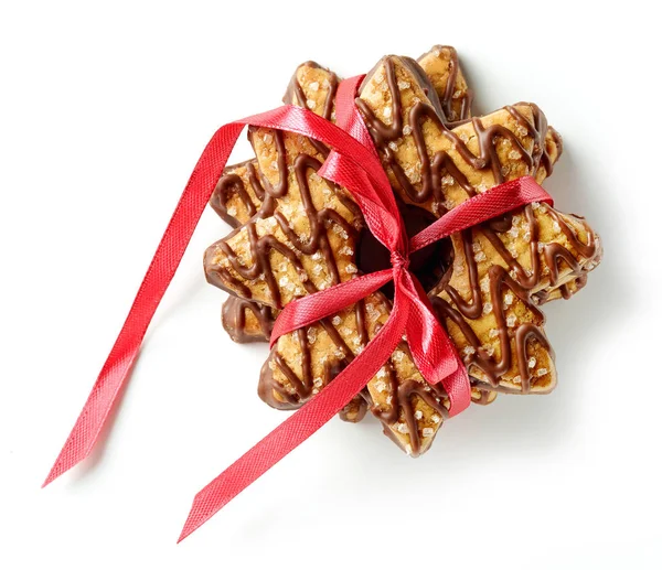 Biscuits Forme Étoile Décorés Avec Chocolat Sucre Arc Rouge Isolé — Photo