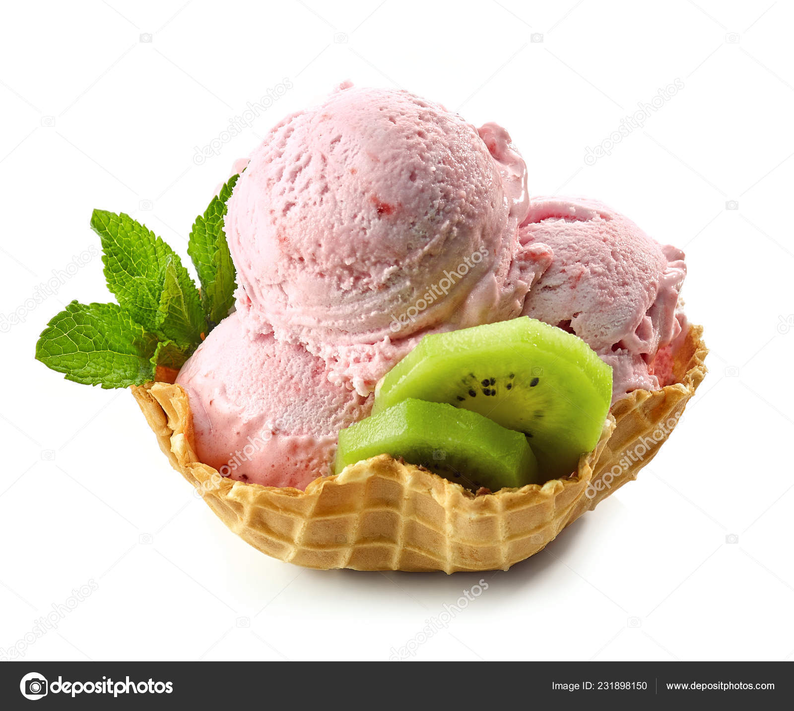 Ice cream ball with strawberry pieces Stock Photo by magone