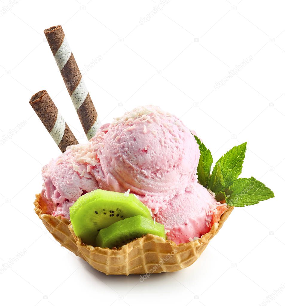 strawberry ice cream in waffle basket isolated on white background