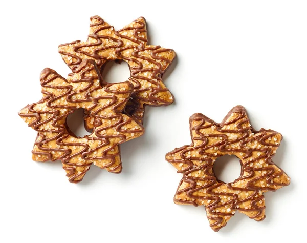 Galletas Forma Estrella Decoradas Con Chocolate Azúcar Aislados Sobre Fondo —  Fotos de Stock