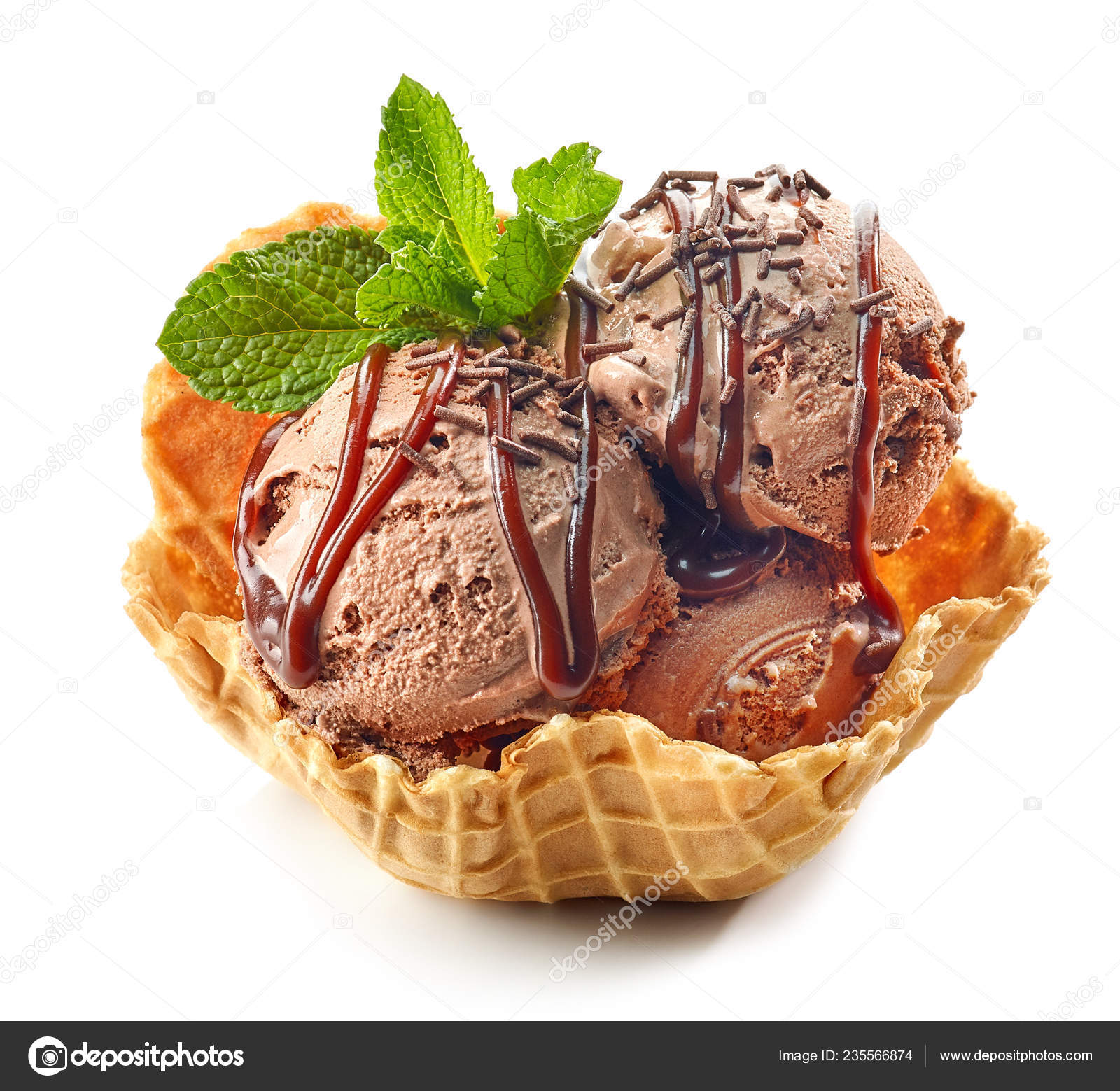 Chocolate Ice Cream Waffle Basket Isolated White Background — Stock Photo ©  magone #235566874, image size:1600x1559