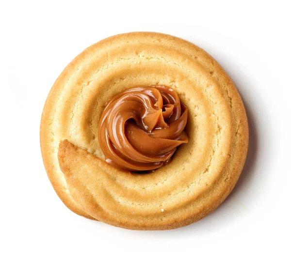 Zelfgemaakte Boter Cookie Versierd Met Gesmolten Karamel Geïsoleerd Witte Achtergrond — Stockfoto