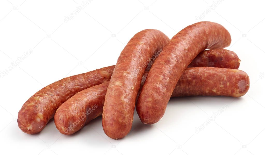 smoked sausages on white background