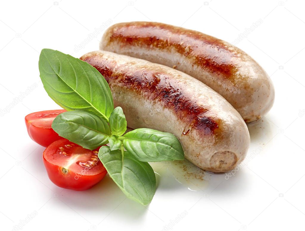grilled sausages on white background