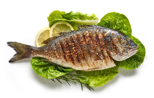 Риба на грилі на зеленому листі салату — стокове фото
