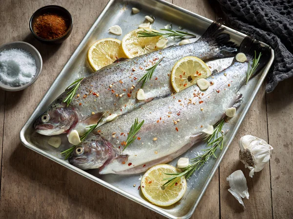 Zwei rohe Forellenfische — Stockfoto