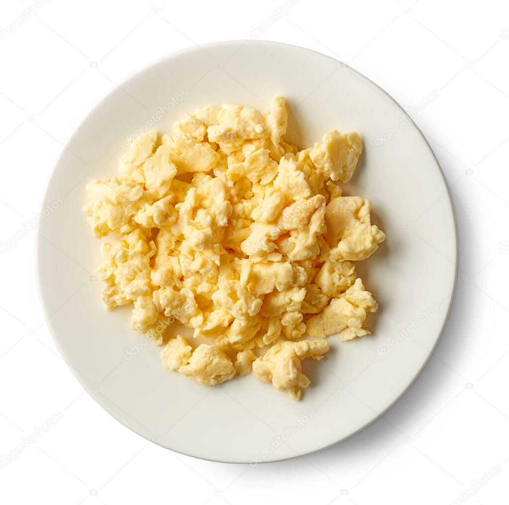 plate of scrambled eggs isolated on white background, top view