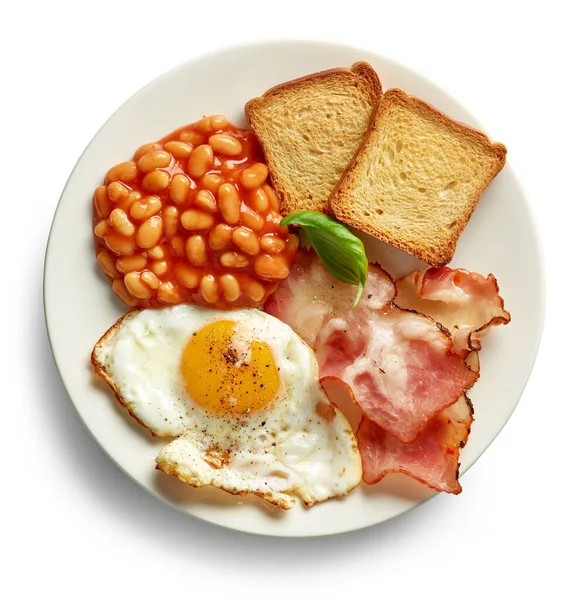 Teller Mit Englischem Frühstück Isoliert Auf Weißem Hintergrund Draufsicht — Stockfoto