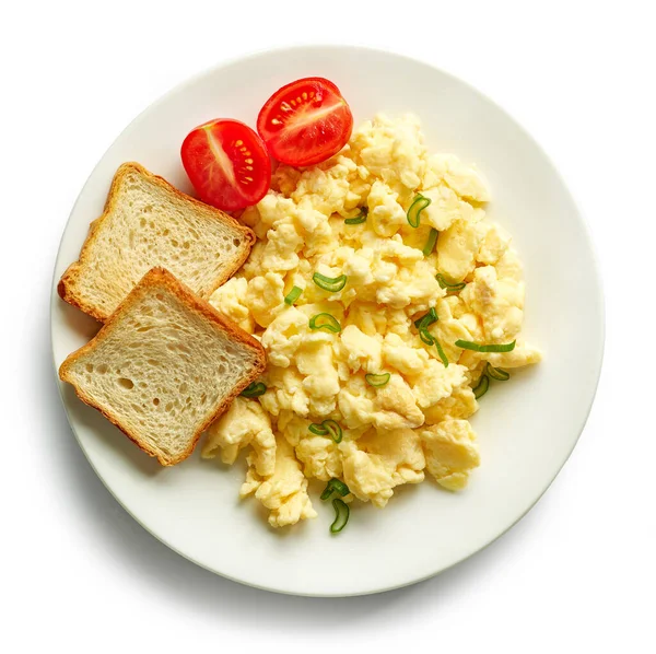 Assiette Œufs Brouillés Isolée Sur Fond Blanc Vue Dessus — Photo