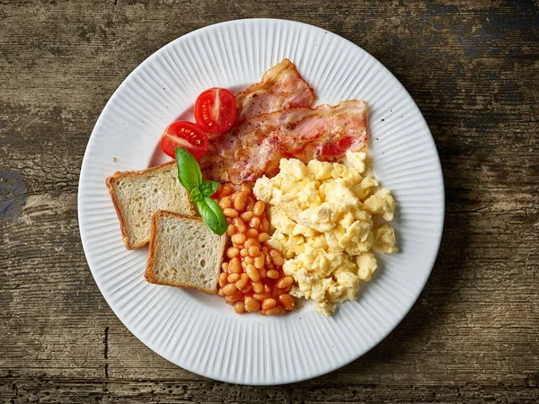 Assiette Petit Déjeuner Sur Table Cuisine Rustique Bois Vue Sur — Photo