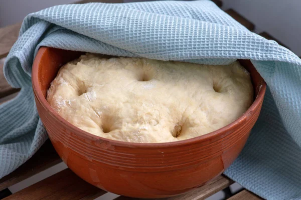 Masa Fermentada Tazón Barro Sobre Una Mesa Madera — Foto de Stock