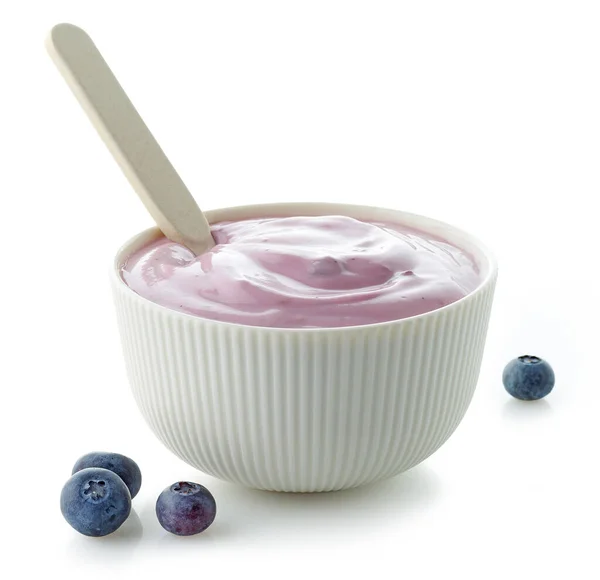Bowl Blueberry Yogurt Isolated White Background — Stock Photo, Image