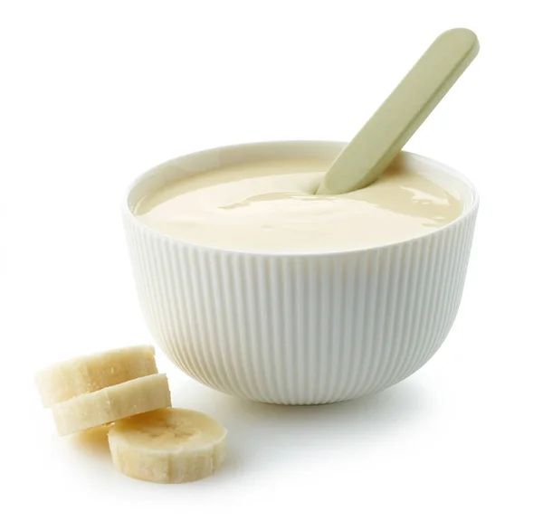 Schüssel Bananenjoghurt Isoliert Auf Weißem Hintergrund — Stockfoto