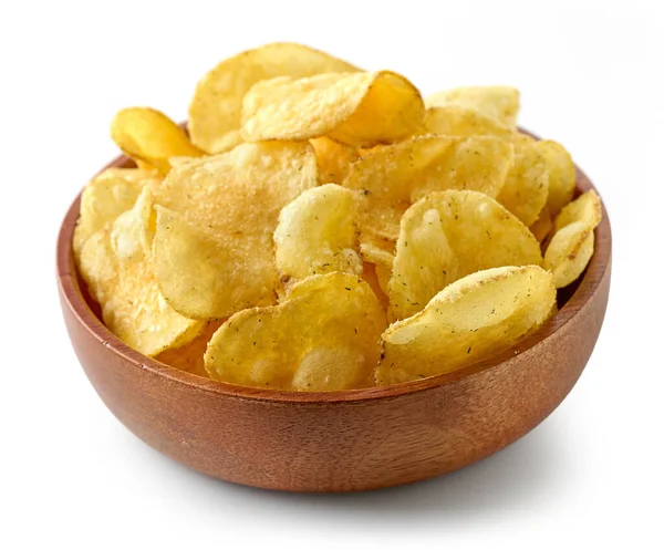Potatischips Trä Skål Isolerad Vit Bakgrund — Stockfoto