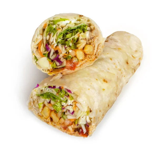 Doner Kebab Wrap Isolado Fundo Branco Tortilla — Fotografia de Stock