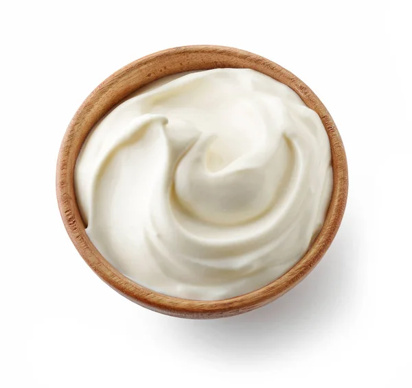 Ciotola Legno Panna Montata Yogurt Isolato Sfondo Bianco Vista Dall — Foto Stock