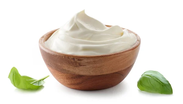 Wooden Bowl Whipped Sour Cream Yogurt Isolated White Background — Stock Photo, Image