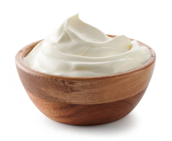 Wooden Bowl Whipped Sour Cream Yogurt Isolated White Background Stock Image