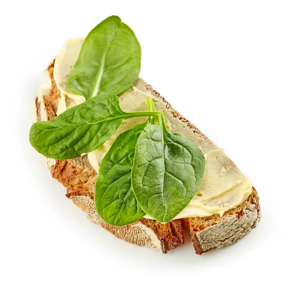 Sandwich Petit Déjeuner Avec Des Feuilles Épinards Isolées Sur Fond — Photo