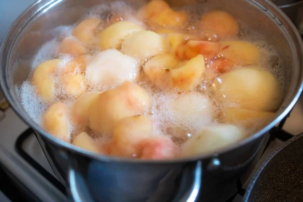 Close Pot Boiling Peeled Apples Selective Focus — Stock Photo, Image