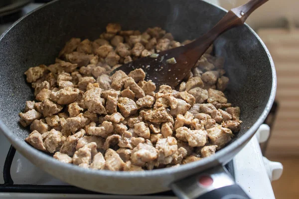 Chopped Pork Pieces Roast Frying Pan Kitchen — Stock Photo, Image
