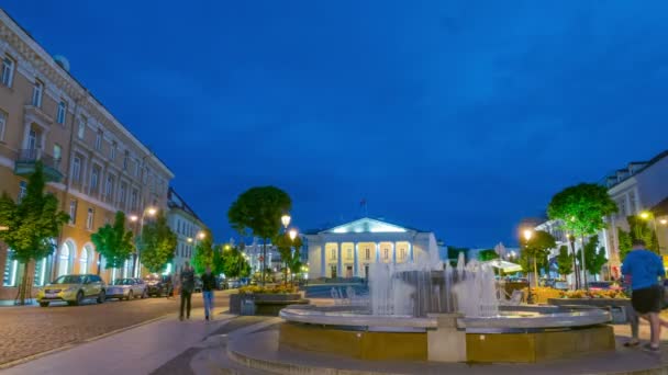 晚上维尔纽斯市政厅广场和喷泉 时间推移 — 图库视频影像