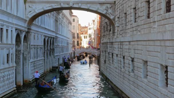 Venedig Italien Circa 2015 Gondoler Passagerare Genom Smala Kanalerna Venedig — Stockvideo