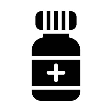 İlaç şişesi kapalı, basit siyah çizgi resimde beyaz arka plan üzerinde