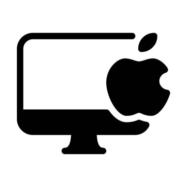 Mac masaüstü bilgisayarı, basit siyah çizgi resimde beyaz arka plan üzerinde
