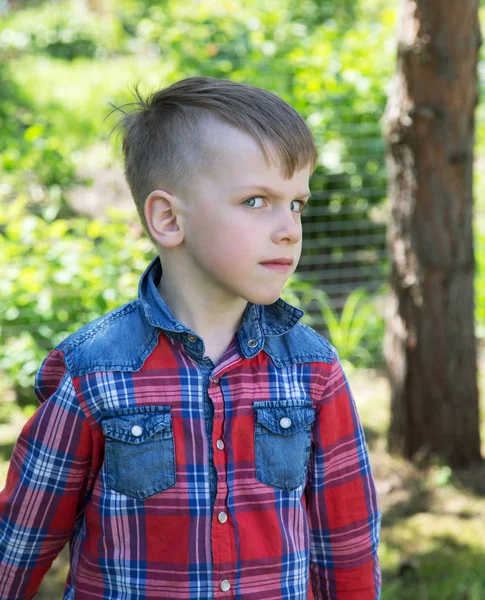 Bambino Sei Anni Guarda Con Sospetto Lente Nel Giardino Primaverile — Foto Stock