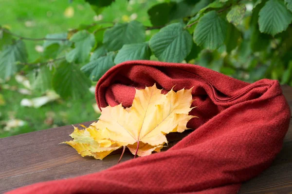 Roter Schal Und Gelbe Ahornblätter Auf Einem Tisch Herbst — Stockfoto