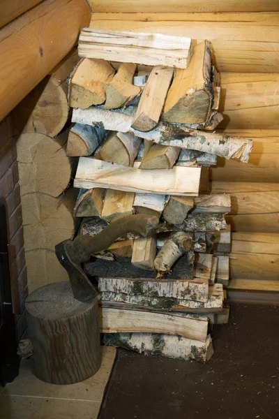 Pile Chopped Birch Wood Stove Bath — Stock Photo, Image