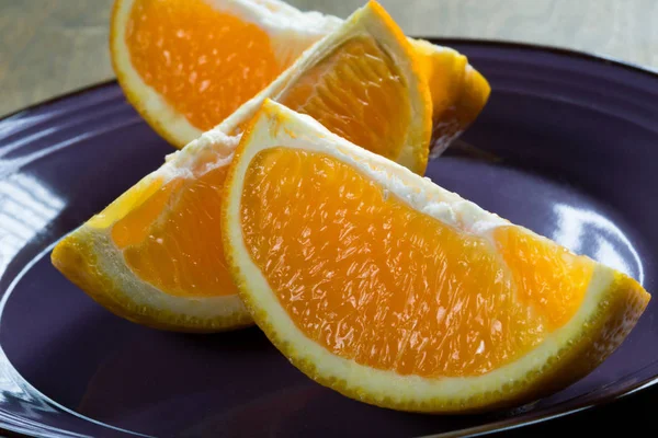 Sliced Three Orange Slices Rustic Table Closeup — Stock Photo, Image