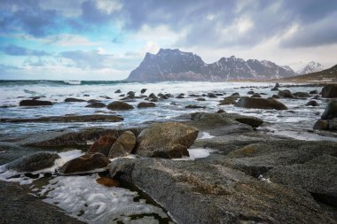 Plaj Norveç Denizi fiyort kar ile kışın buzlu. Utakliev beach, Lofoten Adaları, Norveç
