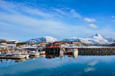 Balıkçı tekneleri ve yatlar Norveç'te iskelede