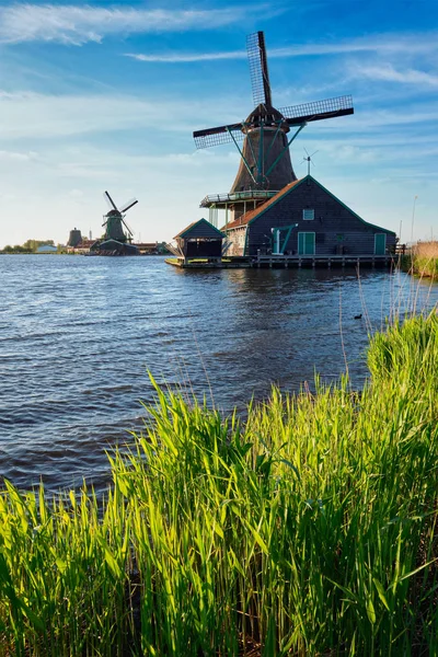 Szélmalmok a Zaanse Schans-ban Hollandiában naplementekor. Zaandam, Éter — Stock Fotó